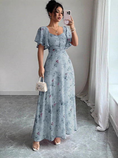 Floral Print Chiffon Dress with Lotus Sleeves