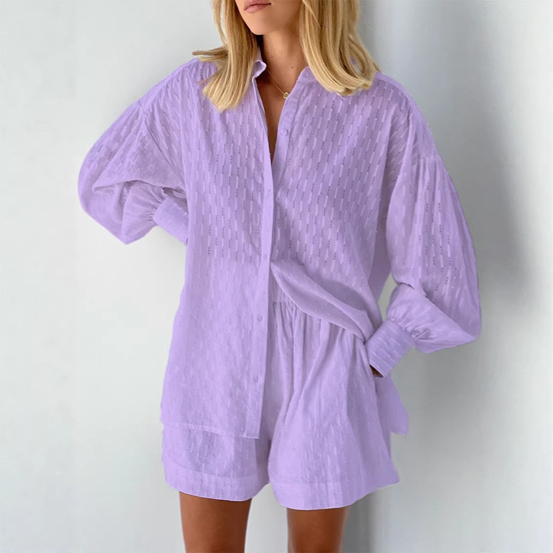 Women's Jacquard Puff Sleeve Shirt and Shorts Set