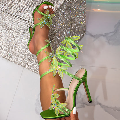 Snake Strap Rhinestone Stiletto Sandals