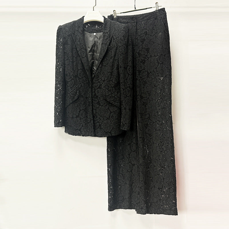 Elegant Lace Two-Piece Suit with Straight-Leg Pants