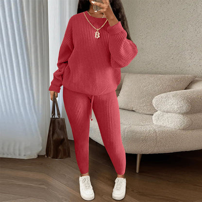 Womens Casual Knitwear Suit Long Sleeve Two Piece Pants Set
