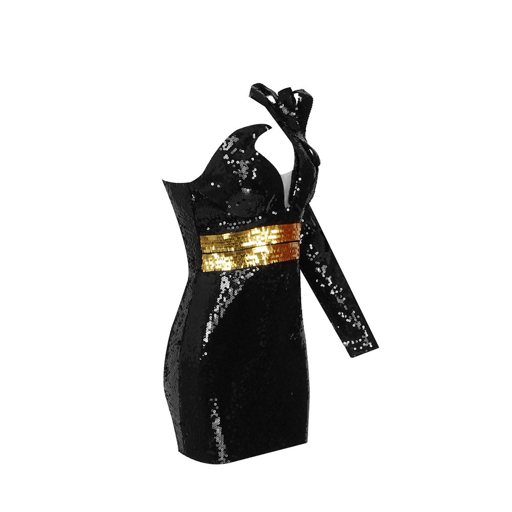 Dames one-shoulder pailletten jurk met lange mouwe V-hals en strik