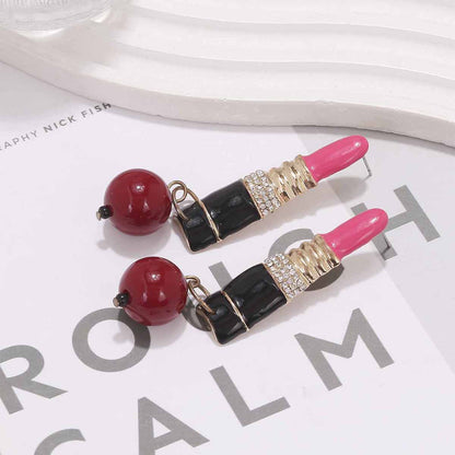 Rhinestone Lipstick-Style Earrings with Beaded Pendant