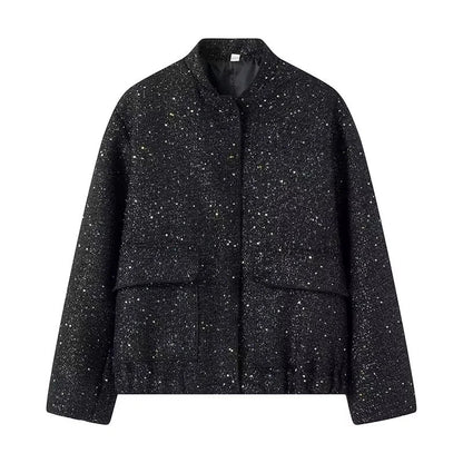 Women's Beaded Round Neck Long Sleeve Loose Polyester Jacket