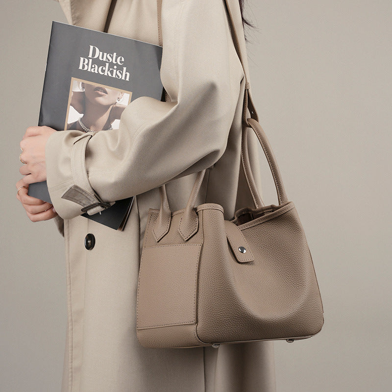Genuine Cowhide Bucket Bag with Adjustable Strap