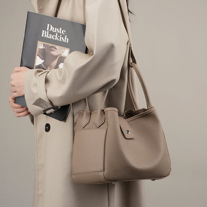 Genuine Cowhide Bucket Bag with Adjustable Strap