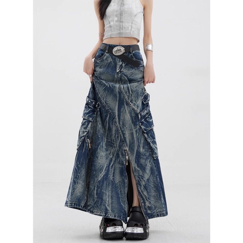 Vintage Washed Tie-Dye Denim Skirt with Zipper Detail