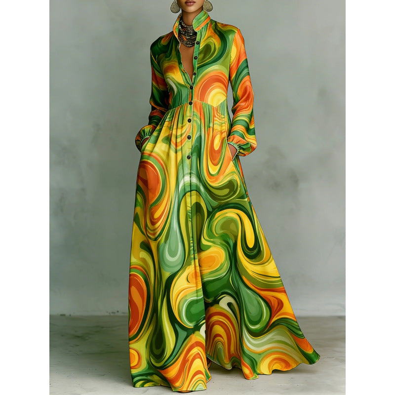 Elegant Waist-Cinching Floral Printed Long Sleeve Dress for Women