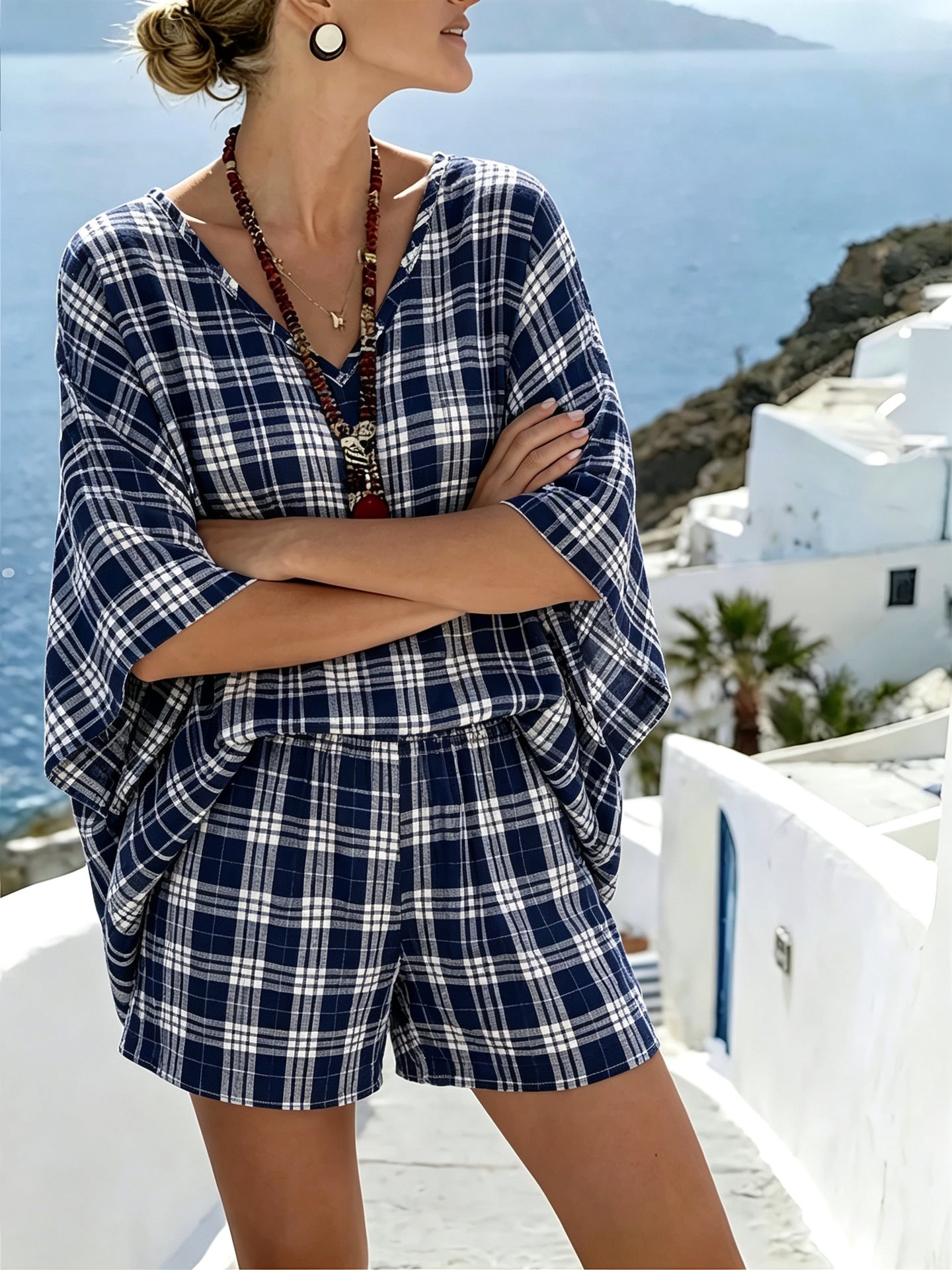 Printed V-Neck Loose Casual Two-Piece Women Fashion Vacation Shorts Set