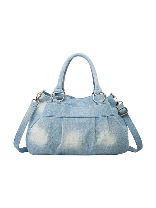 Vintage Denim Three-Pocket Crossbody Shoulder Bag