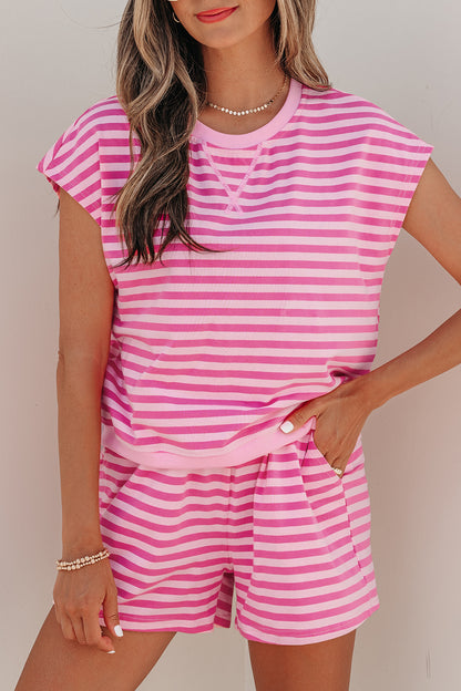 Roze gestreept T-shirt met korte mouwen en shorts met elastische taille 2-delige set