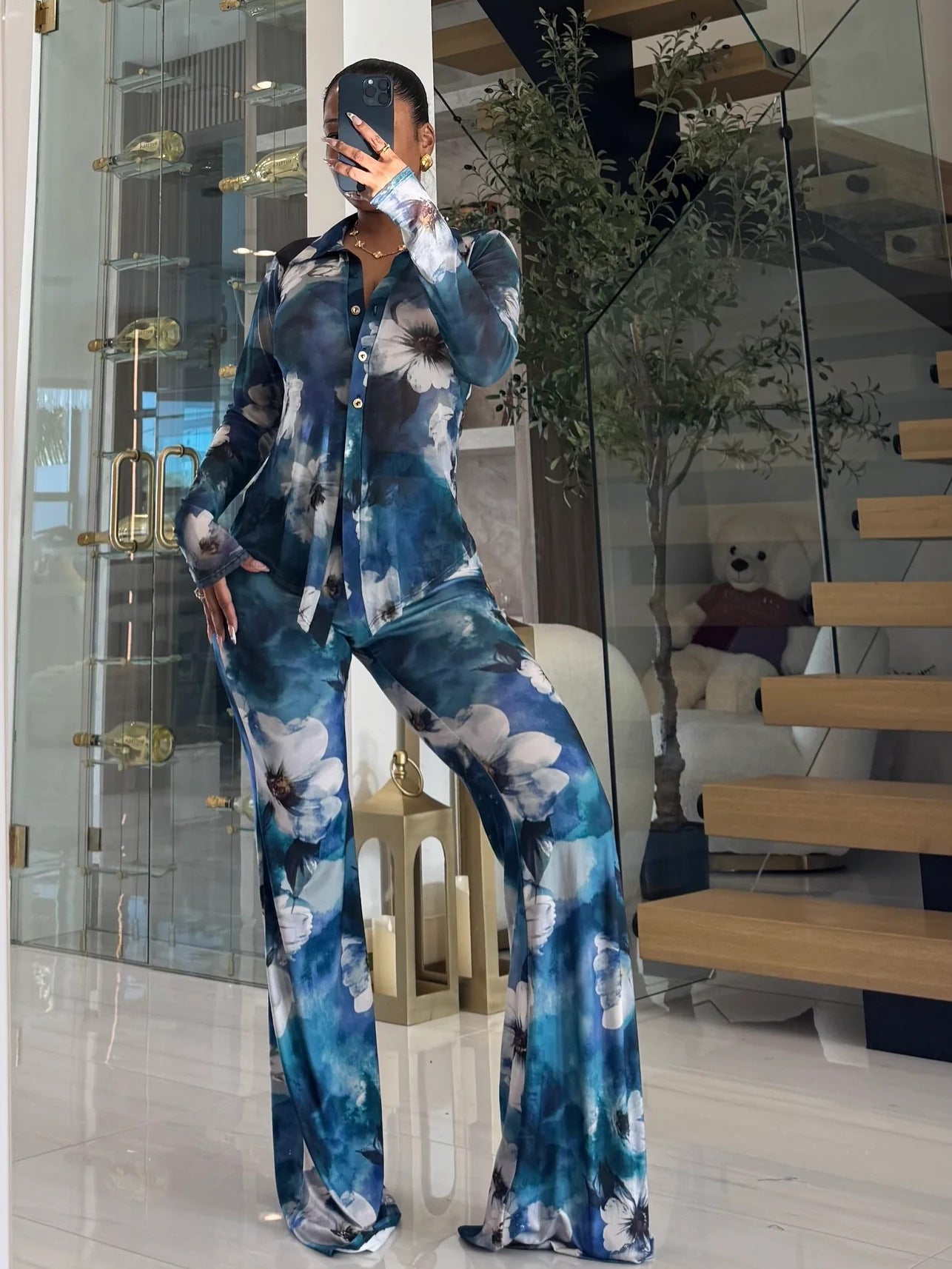 Womens Printed Mesh Cardigan Flared Pants Set