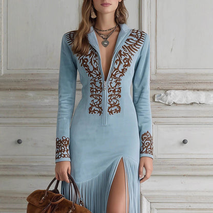 Retro Ethnic Tassel Floral Zipper Long Dress