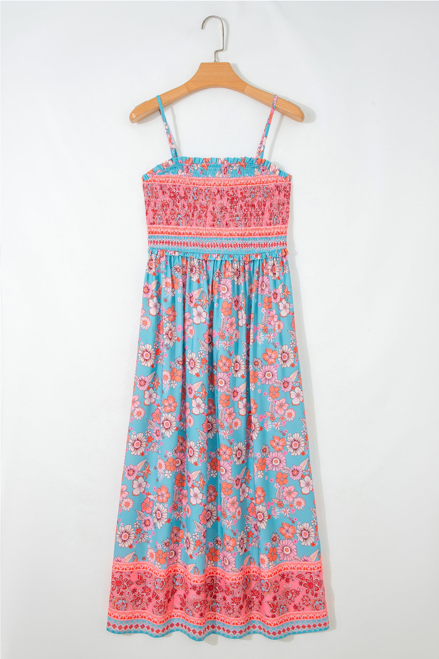 Maxi-jurk met bohemian etnische print gesmokte buste en spaghettibandjes