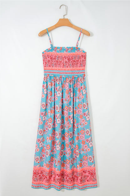 Maxi-jurk met bohemian etnische print gesmokte buste en spaghettibandjes