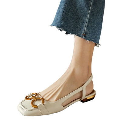 French Style Low Heel Retro Closed Toe Suede Sandals with Horsebit Buckle for Women