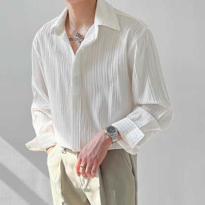 Textured Top Korean Style Loose Casual Long-Sleeved Shirt Men's Fashionable Handsome Striped Non-Ironing Shirt Autumn