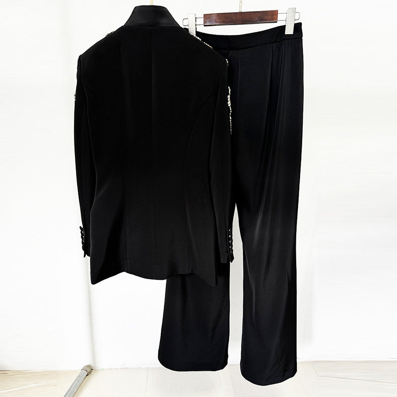 Rhinestone Embellished Blazer and Slit Pants Set