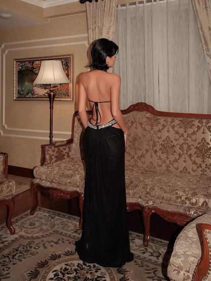 Rhinestone Halter Neck Backless Long Dress