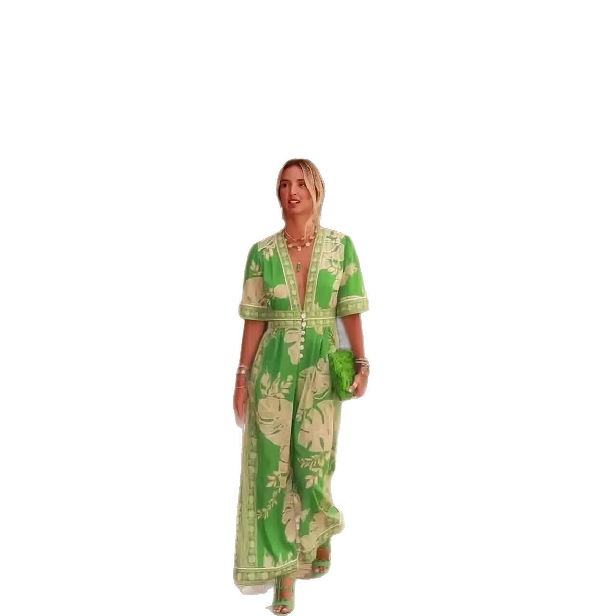 Printed V-Neck Short Sleeve Jumpsuit