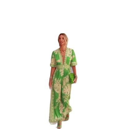 Printed V-Neck Short Sleeve Jumpsuit