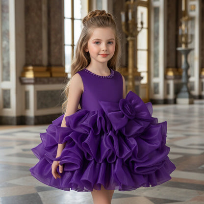 Girls Princess Dress with 3D Roses and Bow Tiered Tulle Birthday Party Gown