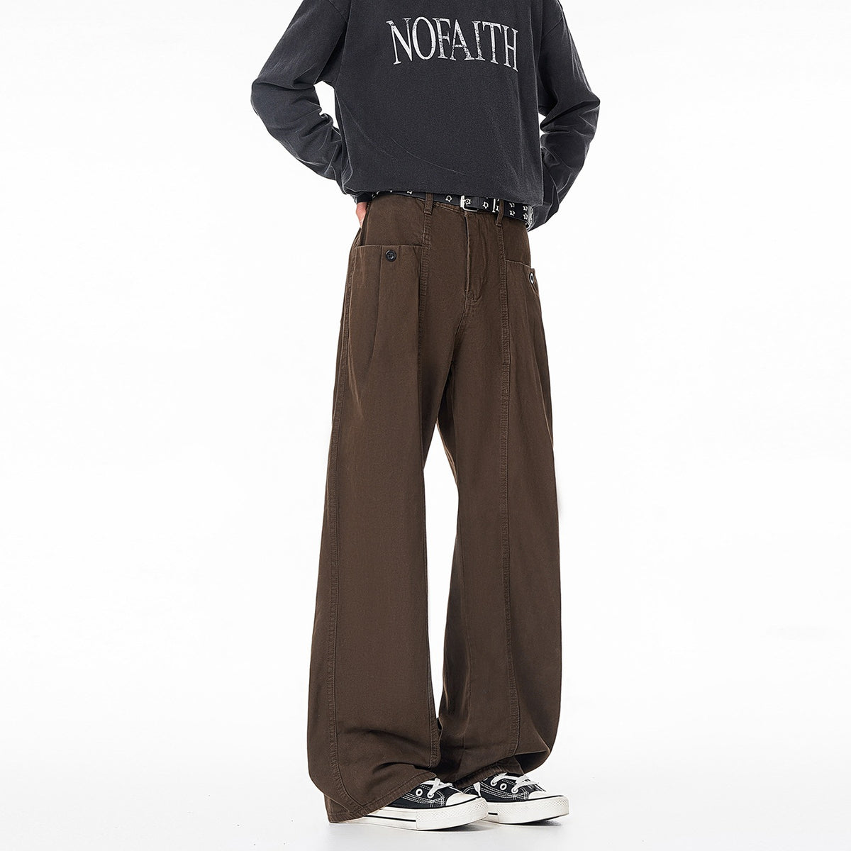 Retro Brown Patchwork Flared Cotton Pants