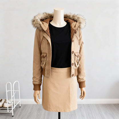 Washed Distressed Slim Jacket with Fur Collar