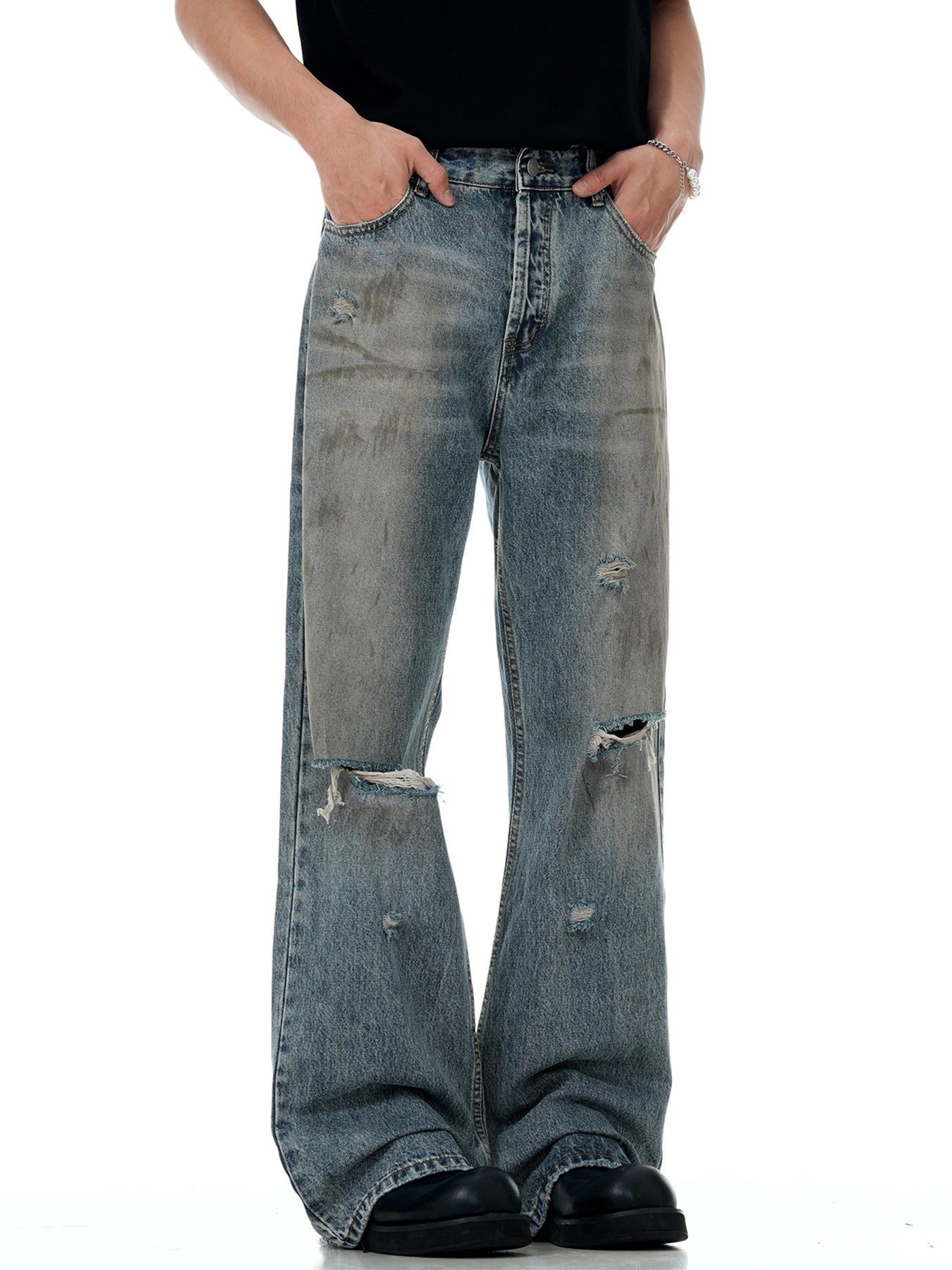 Distressed Bootcut Denim Jeans