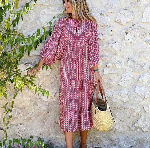 Geometric Print Puff Sleeve V-Neck Long Dress