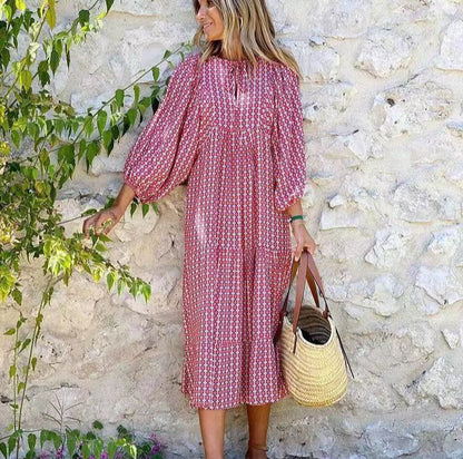 Geometric Print Puff Sleeve V-Neck Long Dress