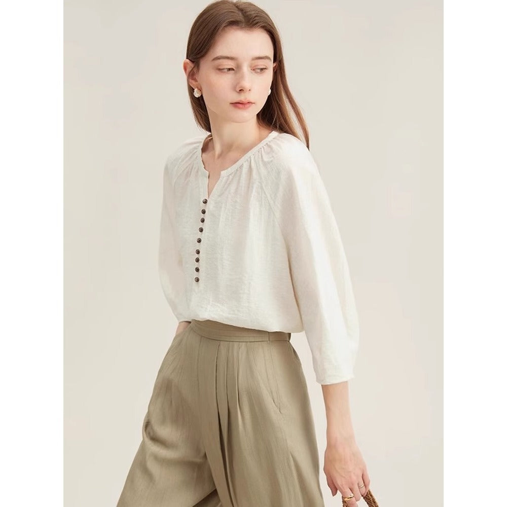 French Linen Shirt Women Three Quarter Sleeve Casual Top