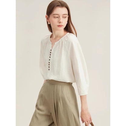 French Linen Shirt Women Three Quarter Sleeve Casual Top