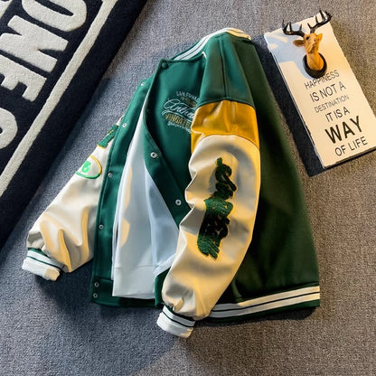 Contrasterende Amerikaanse PU-leren mouwen jacket met borduurwerk heren