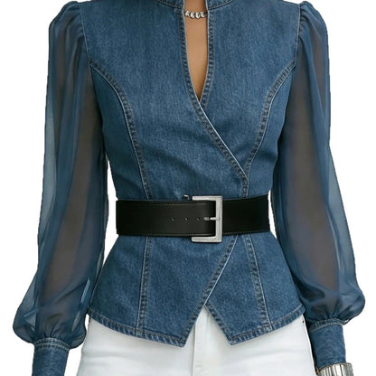 Womens V-Neck Lace Long Sleeve Blouse