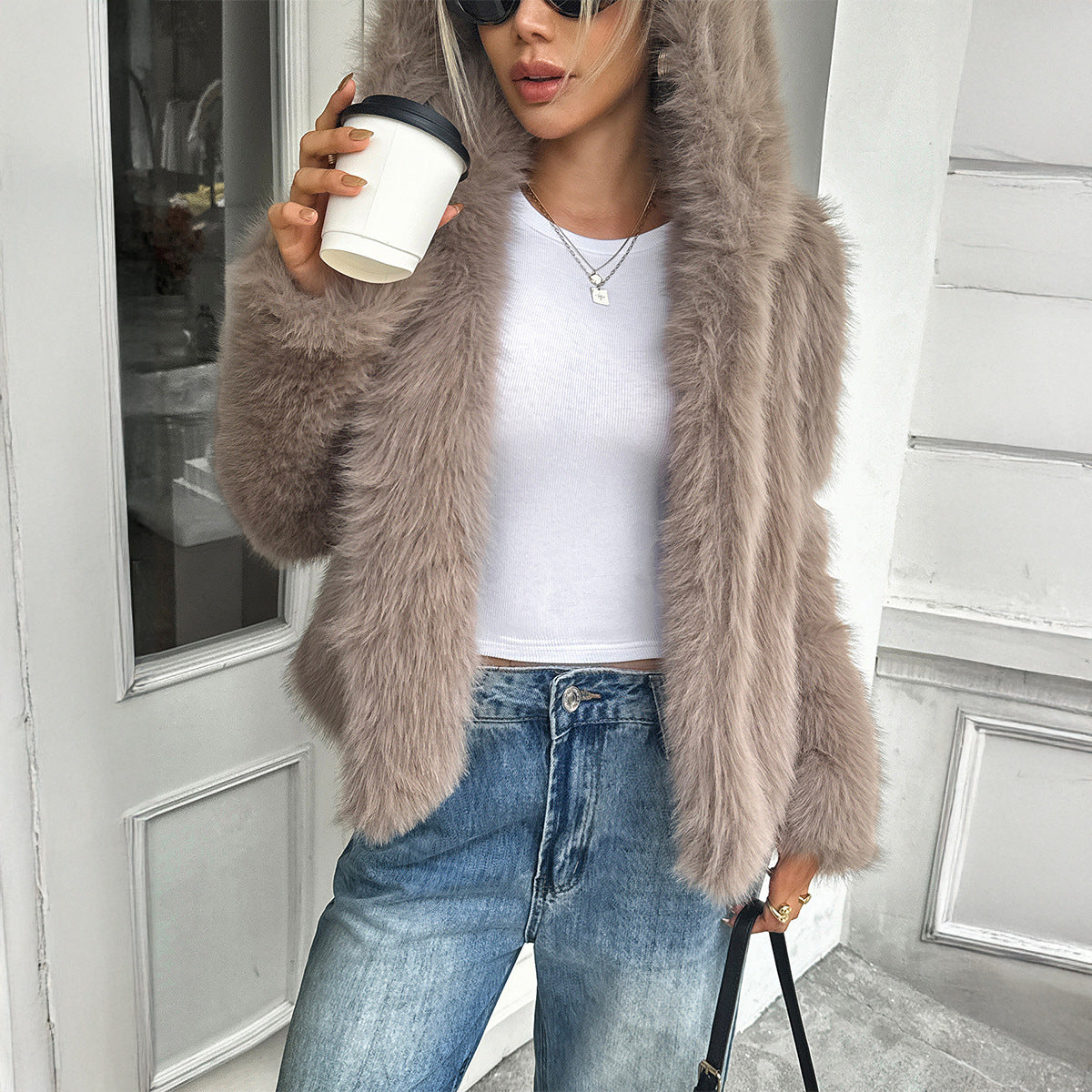 Imitatiebont jacket met lange mouwen en capuchon