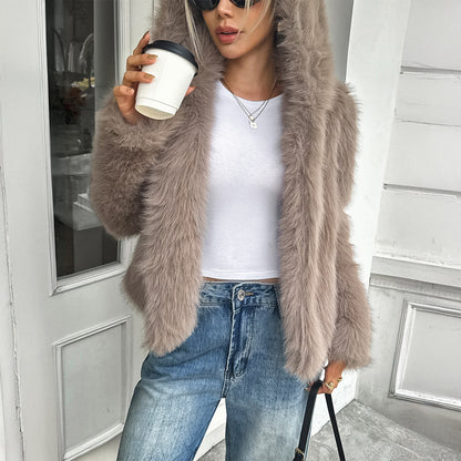 Imitatiebont jacket met lange mouwen en capuchon