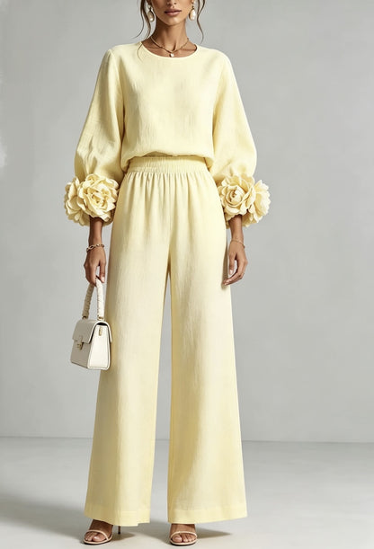 Women's Two-Piece Set Lantern Sleeve Top and Wide-Leg Pants Casual Loose Suit