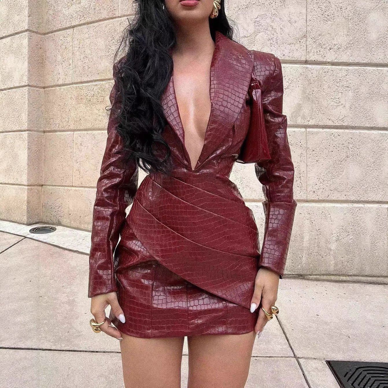 Faux Fur Pleated Deep V Neck Jumpsuit