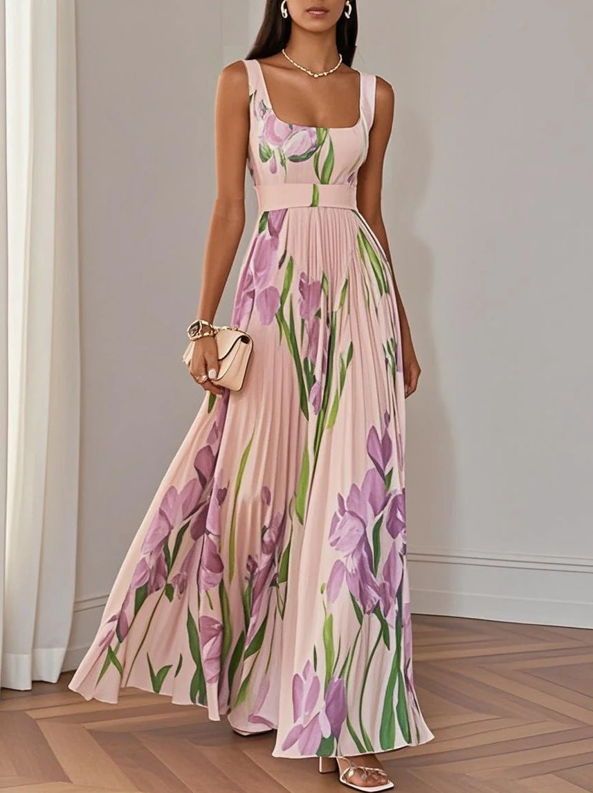 Floral Print Pleated Maxi Dress