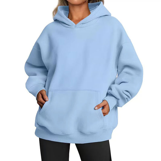 Women's Solid Color Hoodie, Long-Sleeve, Loose-Fit, Oversized Pullover Sportswear
