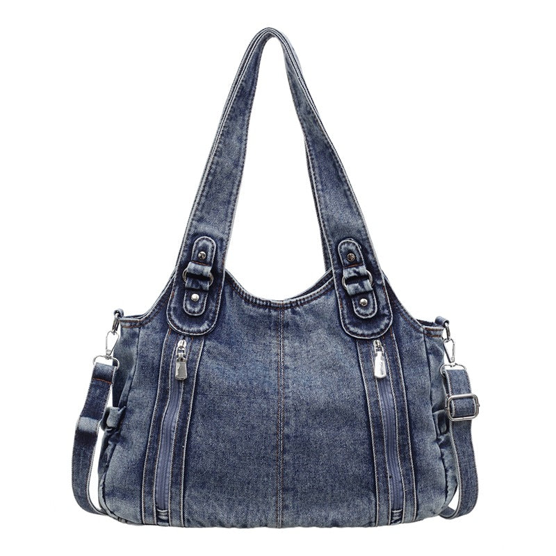 Retro denim large capacity zipper tote bag