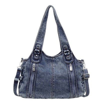Retro denim large capacity zipper tote bag
