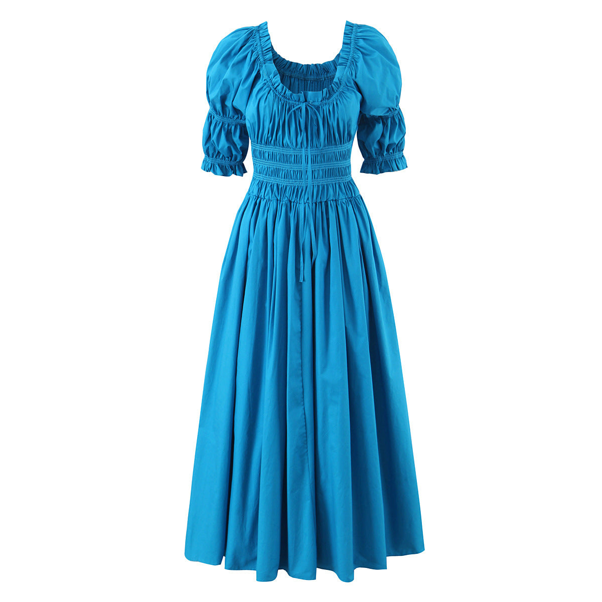 Elegant Retro Puff Sleeve Cotton Dress with Cinched Waist
