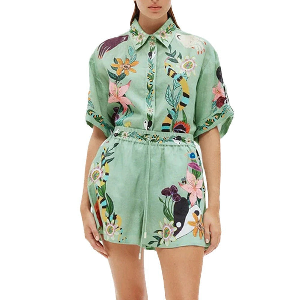 Womens Loose Printed Shirt Shorts Set