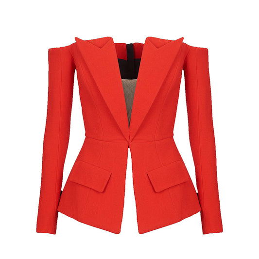 Modieuze blazer met ritssluiting en blote schouders