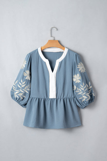 Babydoll blouse met kleurblokken patchwork V-hals en geborduurde pofmouwen