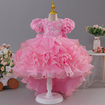 European and American Girls' Puff Short-Sleeved Dress with Three-Dimensional Flower Wedding Dress Children's Formal Dress Multi-Layered Cake Train Dress