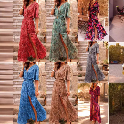 Printed Short-Sleeve Oversized Flare Dress