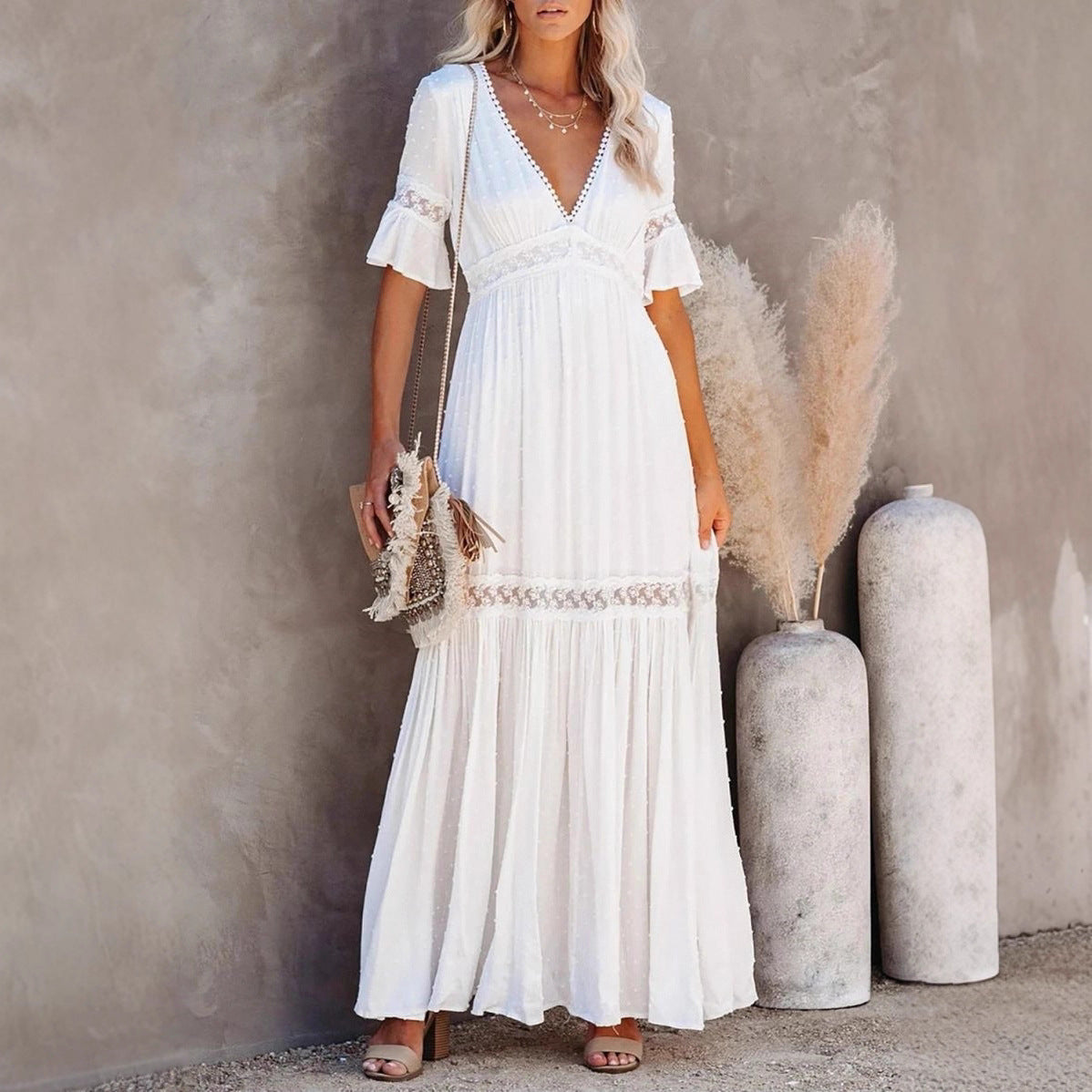 Womens Solid Color Lace Trim V-Neck Long Dress